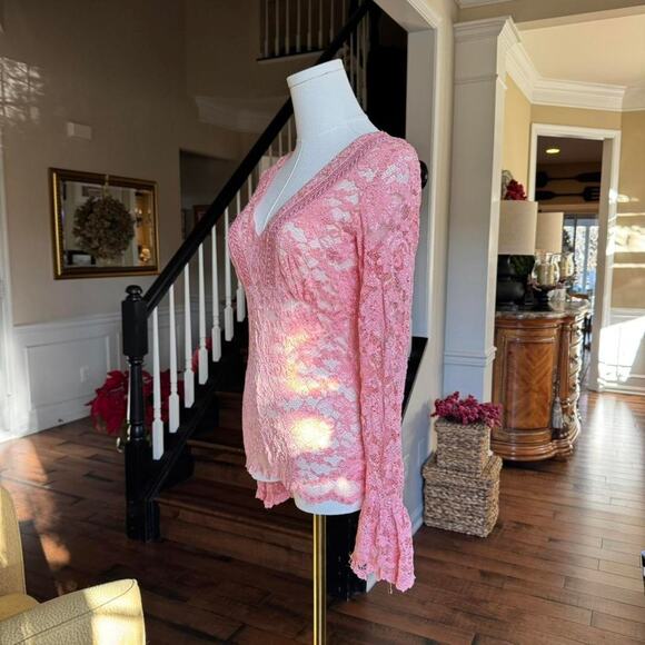 y2k pink sheer lace bell sleeve v neck top small - Picture 3 of 5